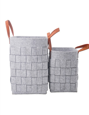 Handmade Woven Felt Two Set of Large Medium size Hamper laundry Toy Storage Basket with PU Handle